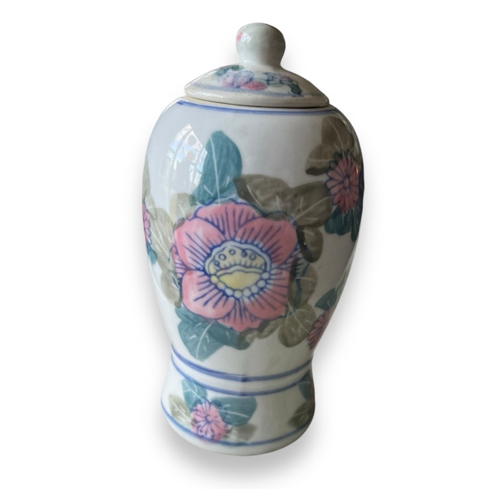Vintage Floral Ceramic Vase with Pink and Green Accents